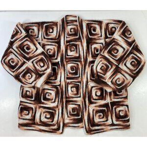 Handmade Womens Granny Square Crochet Cardigan Sweater Brown Cream Size Large